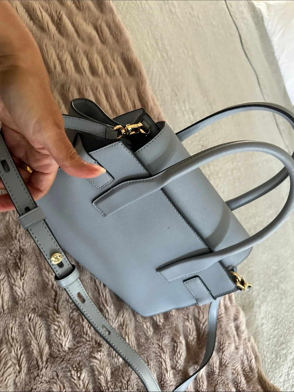 Michael Kors Powder Blue Saffiano Leather Satchel with Gold Hardware